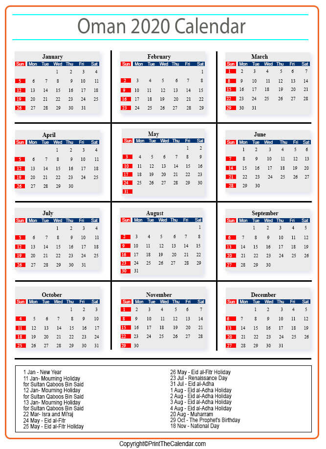 Oman Calendar 2020
